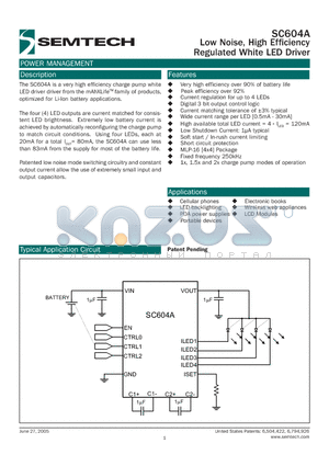 SC604AIMLTR datasheet - Low Noise, High Efficiency Regulated White LED Driver
