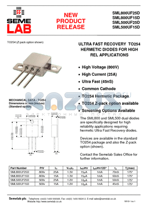 SML800UF25D datasheet - ULTRA FAST RECOVERY TO254 HERMETIC DIODES FOR HIGH REL APPLICATIONS