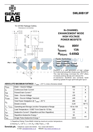 SML80B13F datasheet - N-CHANNEL ENHANCEMENT MODE HIGH VOLTAGE POWER MOSFETS