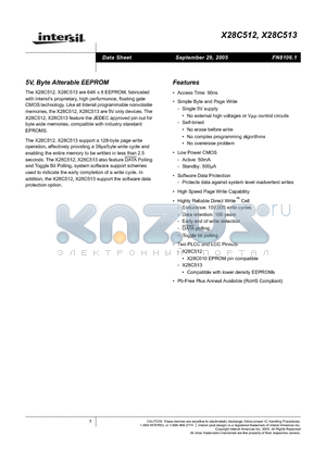 X28C513J-20T1 datasheet - 5V, Byte Alterable EEPROM