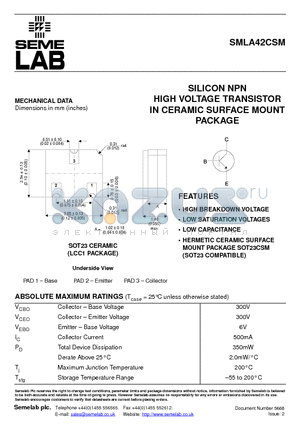 SMLA42CSM datasheet - SILICON NPN HIGH VOLTAGE TRANSISTOR IN CERAMIC SURFACE MOUNT PACKAGE