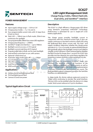 SC627 datasheet - LED Light Management Unit Charge Pump, 4 LEDs, 700mA Flash LED, Dual LDOs, and SemWireTM Interface