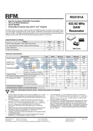 RO2101A datasheet - 433.92 MHz SAW Resonator