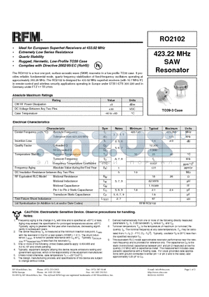 RO2102 datasheet - 423.22 MHz SAW Resonator