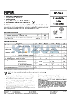 RO2103 datasheet - Ideal for 418 MHz Transmitters, Very Low Series Resistance, Quartz Stability