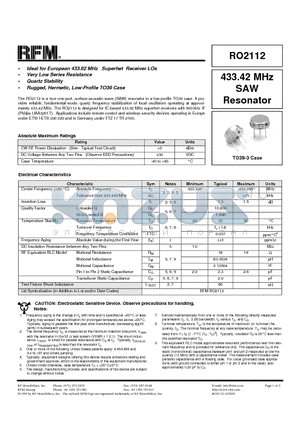 RO2112 datasheet - 433.42 MHz SAW Resonator