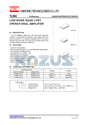 TL084L-S14-R datasheet - LOW NOISE QUAD J-FET OPERATIONAL AMPLIFIER