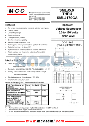 SMLJ100A datasheet - Transient Voltage Suppressor 5.0 to 170 Volts 3000 Watt