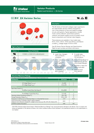 V390ZA05P datasheet - Varistor Products - Low to Medum Voltage, Radial Lead
