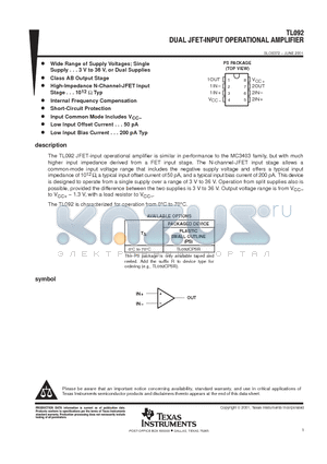 TL092 datasheet - DUAL JFET-INPUT OPERATIONAL AMPLIFIER