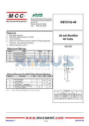 RB721Q-40 datasheet - 30 mA Rectifier 40 Volts