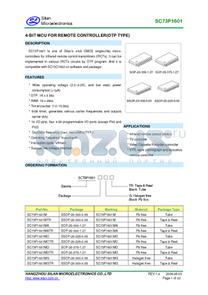 SC73P1601MATR datasheet - 4BIT MCU FOR REMOTE CONTROLLER(OTP TYPE)