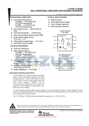 TL103WAIDRJR datasheet - DUAL OPERATIONAL aMPLIFIERS WITH INTERNAL REFERENCE