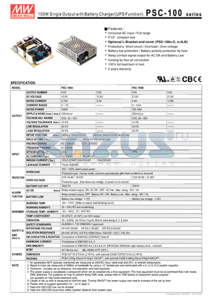 PSC-100B datasheet - 100W Single Output with Battery Charger(UPS Function)