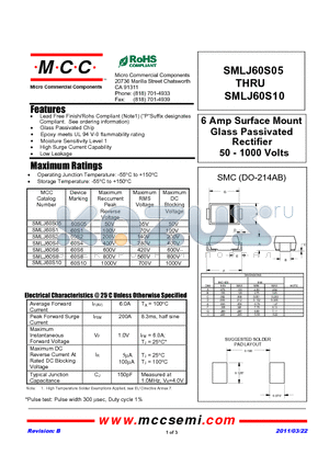 SMLJ60S2 datasheet - 6 Amp Surface Mount Glass Passivated Rectifier 50 - 1000 Volts