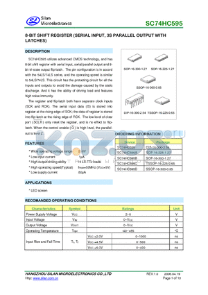 SC74HC595 datasheet - 8BIT SHIFT REGISTER (SERIAL INPUT, 3S PARALLEL OUTPUT WITH LATCHES)