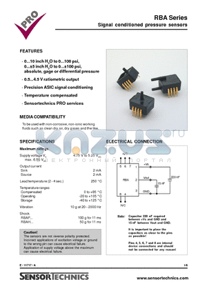 RBAP005GU datasheet - Signal conditioned pressure sensors