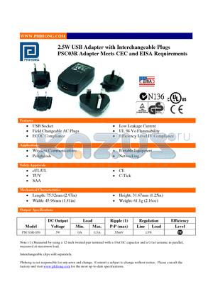 PSC03R-050 datasheet - 2.5W USB Adapter with Interchangeable Plugs