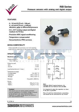 RBIH010DB datasheet - Pressure sensors with analog and digital output