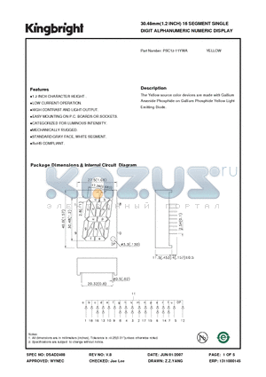 PSC12-11YWA datasheet - 30.48mm(1.2 INCH) 16 SEGMENT SINGLE DIGIT ALPHANUMERIC NUMERIC DISPLAY