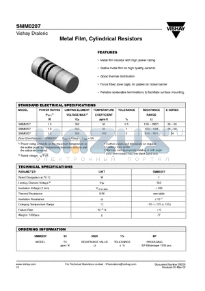 SMM0207 datasheet - Metal Film, Cylindrical Resistors
