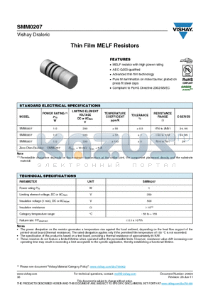 SMM0207 datasheet - Thin Film MELF Resistors