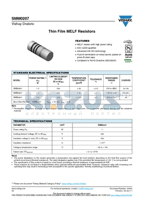 SMM0207_11 datasheet - Thin Film MELF Resistors