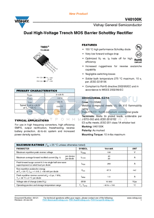 V40100K-E3-4W datasheet - Dual High-Voltage Trench MOS Barrier Schottky Rectifier