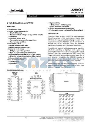 X28HC64J-70 datasheet - 5 Volt, Byte Alterable EEPROM