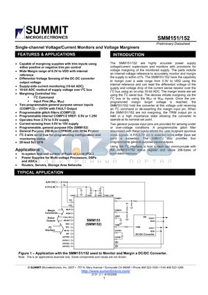 SMM152 datasheet - Single-channel Voltage/Current Monitors and Voltage Marginers