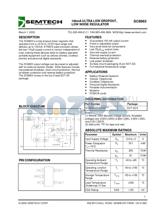 SC8863 datasheet - 150mA ULTRA LOW DROPOUT, LOW NOISE REGULATOR