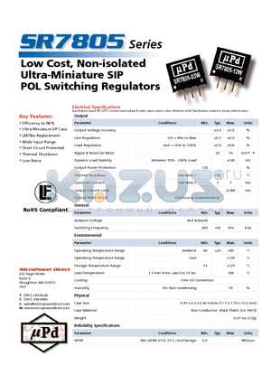 SR7805-12W datasheet - Low Cost, Non-isolated Ultra-Miniature SIP POL Switching Regulators