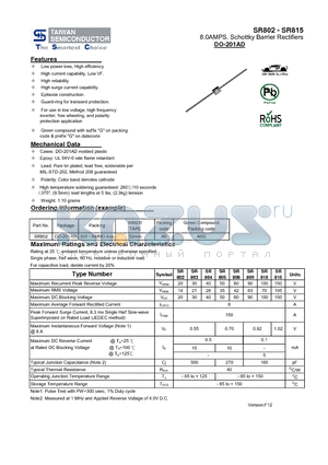 SR802 datasheet - 8.0AMPS. Schottky Barrier Rectifiers High reliability