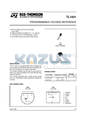 TL1431 datasheet - PROGRAMMABLE VOLTAGE REFERENCE