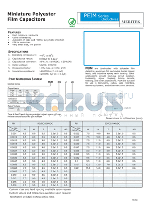 PEIM102J1H datasheet - Miniature Polyester Film Capacitors