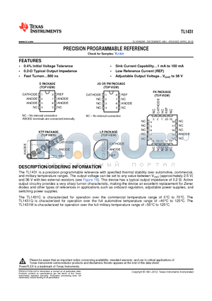 TL1431CLP datasheet - PRECISION PROGRAMMABLE REFERENCE