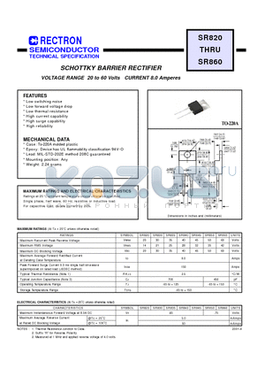 SR835 datasheet - SCHOTTKY BARRIER RECTIFIER (VOLTAGE RANGE 20 to 60 Volts CURRENT 8.0 Amperes)