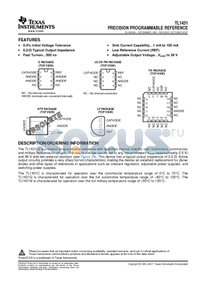 TL1431FK datasheet - PRECISION PROGRAMMABLE REFERENCE