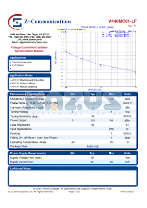 V440MC01-LF datasheet - Voltage-Controlled Oscillator Surface Mount Module