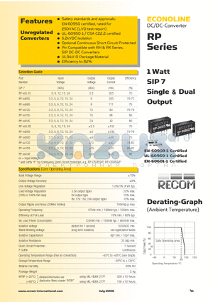 RP-0512D datasheet - 1 Watt SIP 7 Single & Dual Output