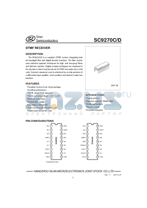 SC9270C datasheet - DTMF RECEIVER