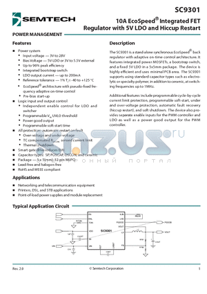 SC9301 datasheet - 10A EcoSpeed^ Integrated FET Regulator with 5V LDO and Hiccup Restart