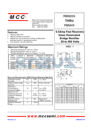RBM4S datasheet - 0.5Amp Fast Recovery Glass Passivated Bridge Rectifier 50 to 400 Volts