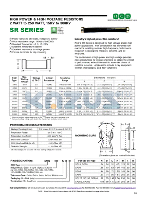 SR90-108-MBW datasheet - HIGH POWER & HIGH VOLTAGE RESISTORS 2 WATT to 250 WATT, 15KV to 300KV