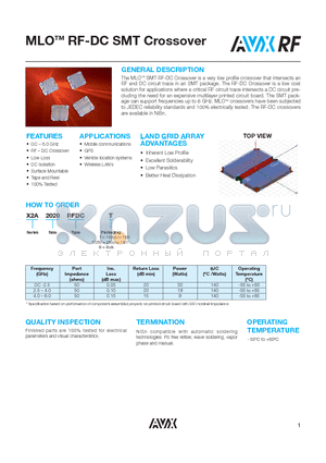 X2A2020RFDCT datasheet - The MLOTM SMT RF-DC Crossover is a very low profile crossover that intersects an RF and DC circuit trace in an SMT package.