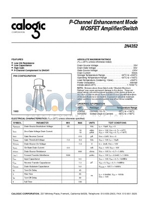 X2N4352 datasheet - P-Channel Enhancement Mode MOSFET Amplifier/Switch