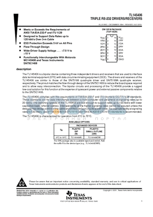 TL145406DWRE4 datasheet - TRIPLE RS-232 DRIVERS/RECEIVERS