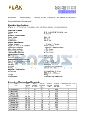 PEN3-2415E21 datasheet - PEN3-XXXXE2:1 1.5 KV ISOLATED 2 - 3 W REGULATED SINGLE OUTPUT DIP24