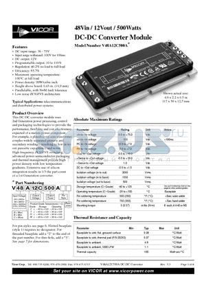 V48A12C500A datasheet - 48Vin / 12Vout / 500Watts DC-DC Converter Module