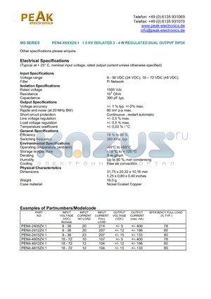 PEN4-4812Z41 datasheet - PEN4-XXXXZ4:1 1.5 KV ISOLATED 3 - 4 W REGULATED DUAL OUTPUT DIP24